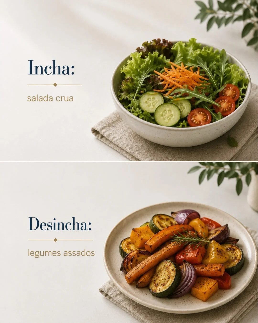 Incha: salada crua. Desincha: legumes assados — digestão mais fácil para intestino sensível