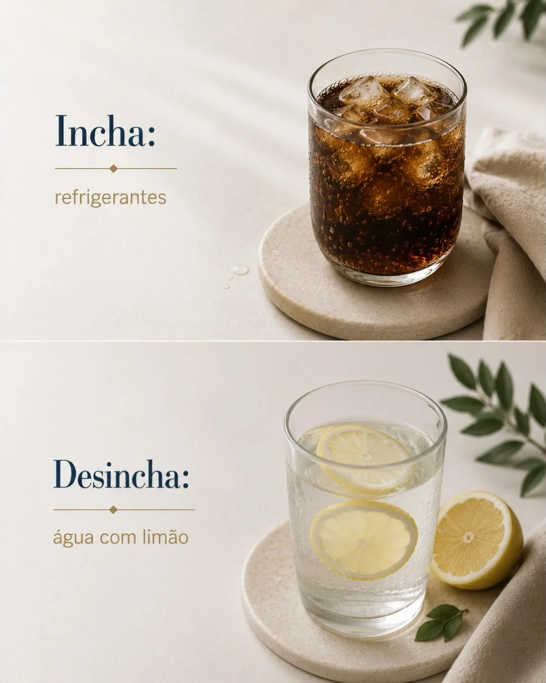 Incha: refrigerante. Desincha: água com limão — troca simples para reduzir inchaço abdominal