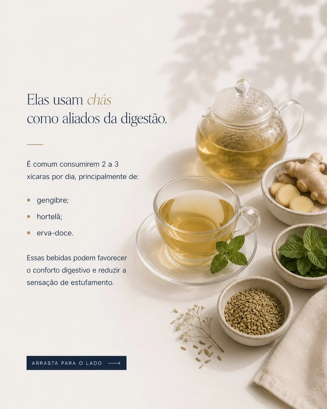 Chás de gengibre, hortelã e erva-doce para digestão