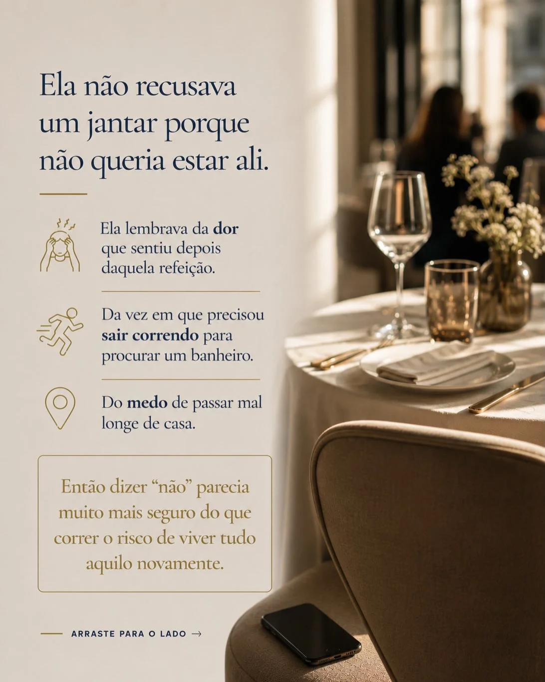 Mesa de restaurante vazia representando o que a doença de Crohn rouba além da comida: a vontade de sair
