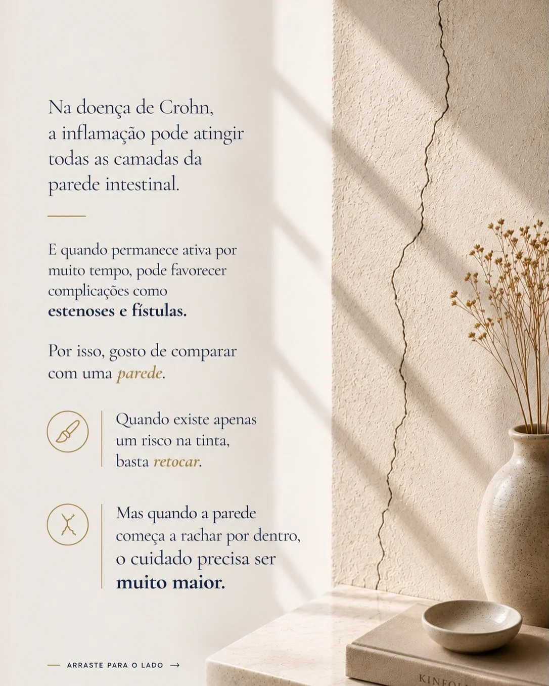 Parede rachada como analogia para a inflamação transmural da doença de Crohn que atinge todas as camadas intestinais
