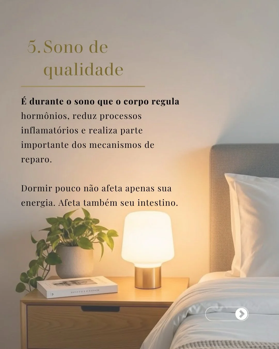 Sono de qualidade: durante o sono o corpo regula hormônios, reduz inflamação e realiza reparo intestinal