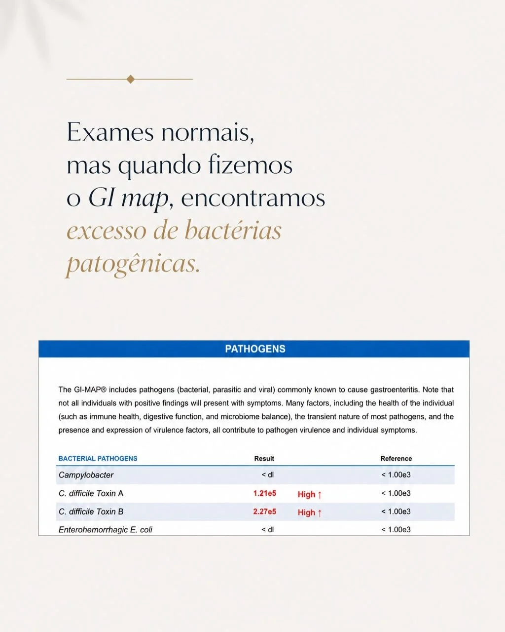 Resultado do GI Map mostrando C. difficile Toxin A e B com valores HIGH — excesso de bactérias patogênicas no intestino