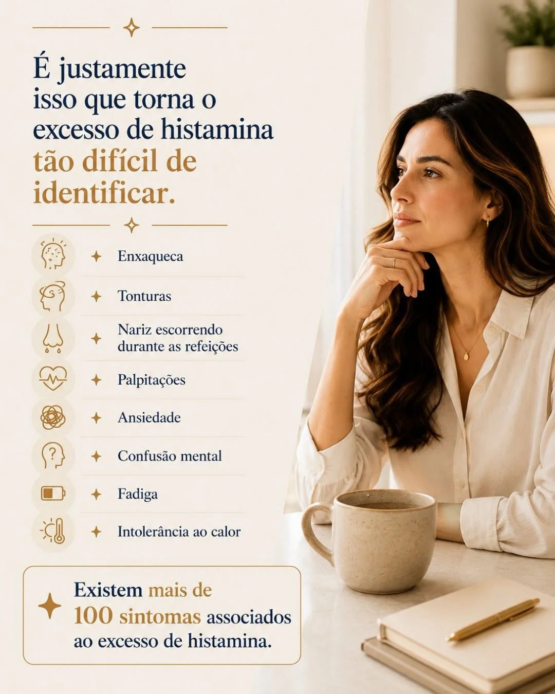 Lista de sintomas do excesso de histamina: enxaqueca, tonturas, nariz escorrendo, palpitações, fadiga, confusão mental — mais de 100 sintomas associados