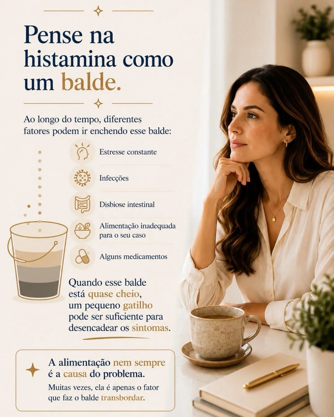Analogia do balde de histamina: estresse, infecções, disbiose e alimentação enchem o balde até transbordar com sintomas