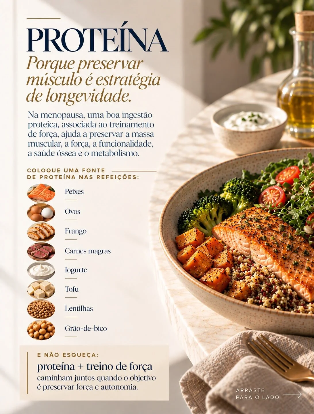 Proteínas na menopausa: peixes, ovos, frango, iogurte, tofu e leguminosas — preservar massa muscular é estratégia de longevidade