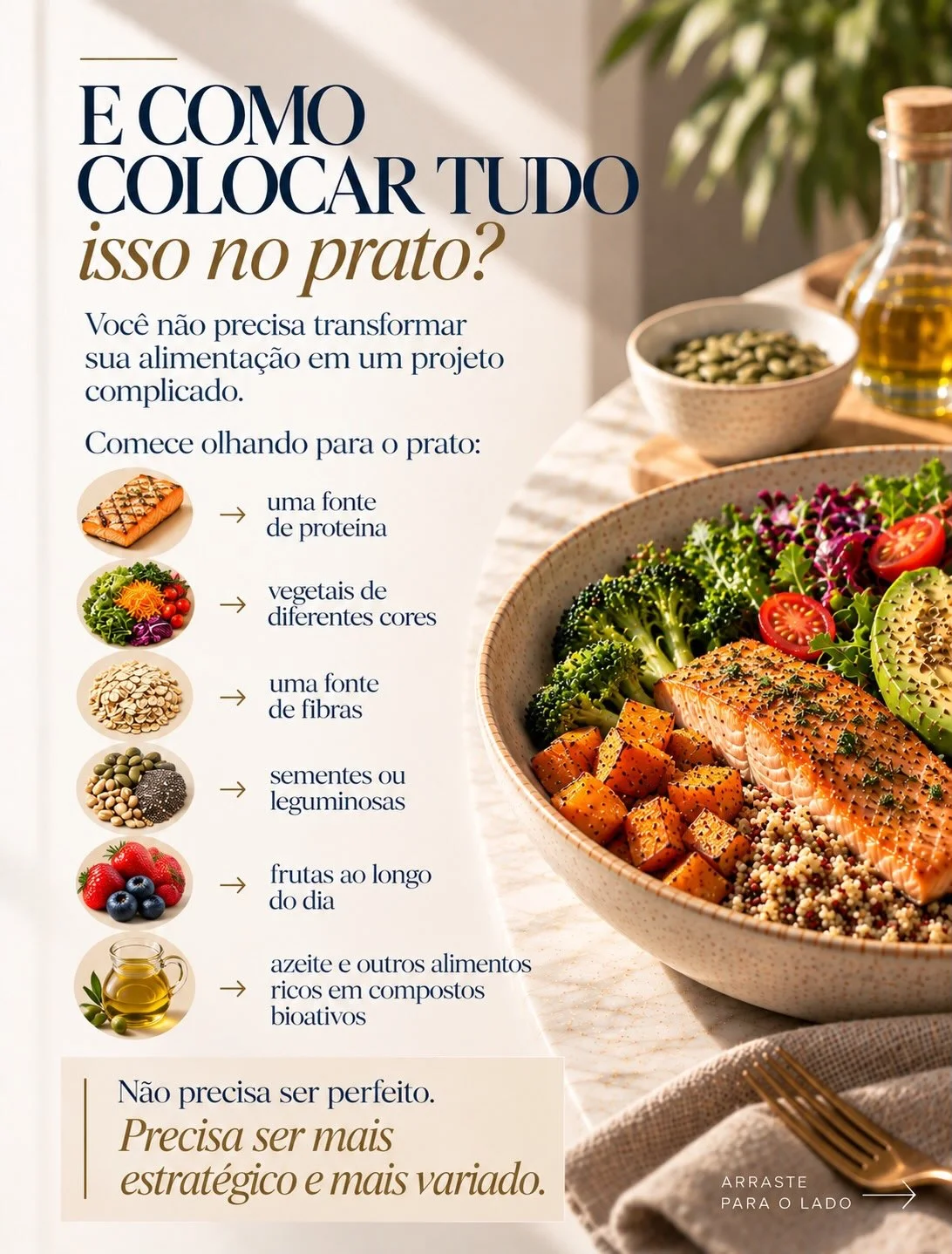 Como montar o prato na menopausa: proteína, vegetais coloridos, fibras, sementes, frutas e bioativos — estratégico não significa complicado