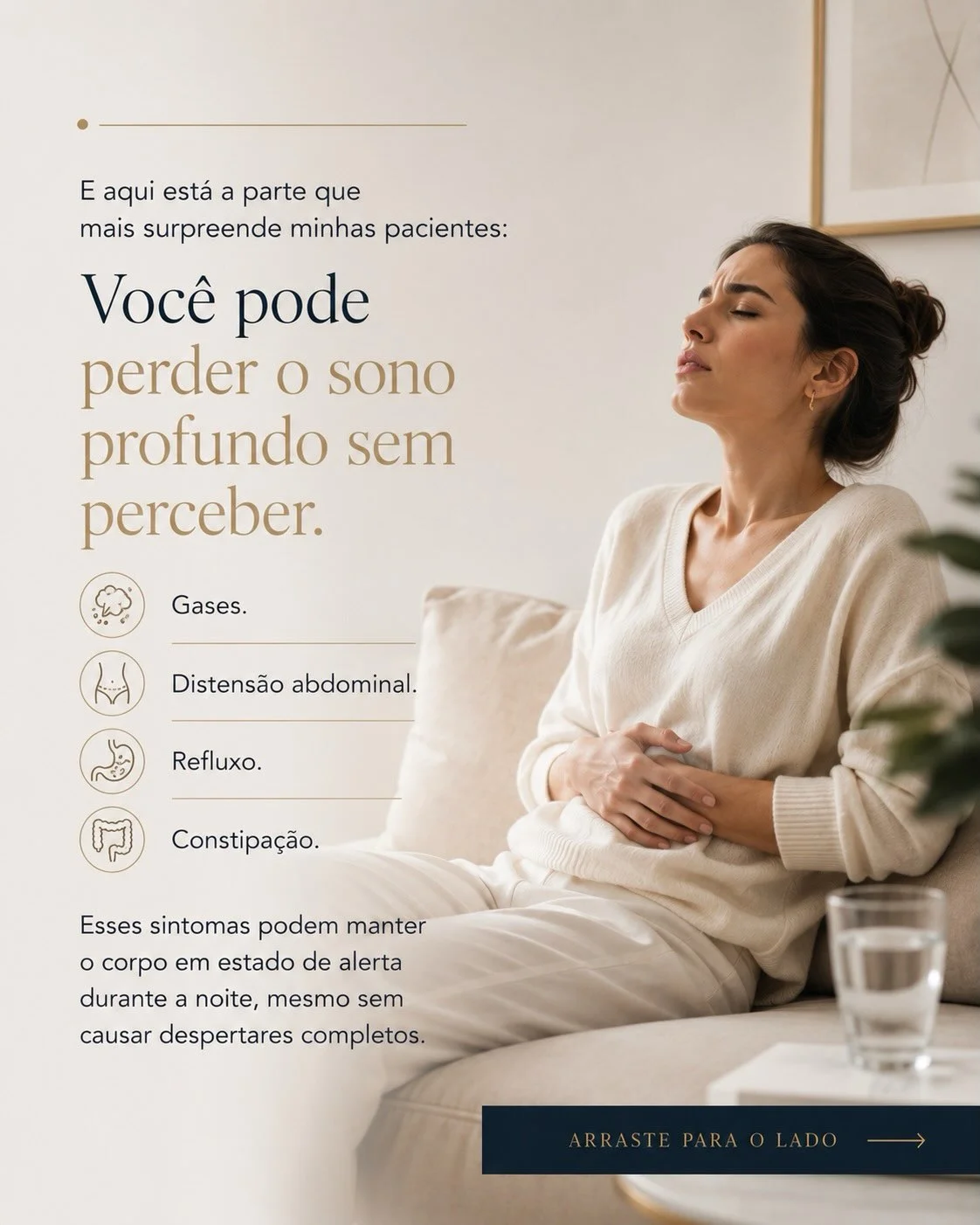 Mulher com desconforto abdominal — gases, refluxo e constipação interferem silenciosamente na qualidade do sono