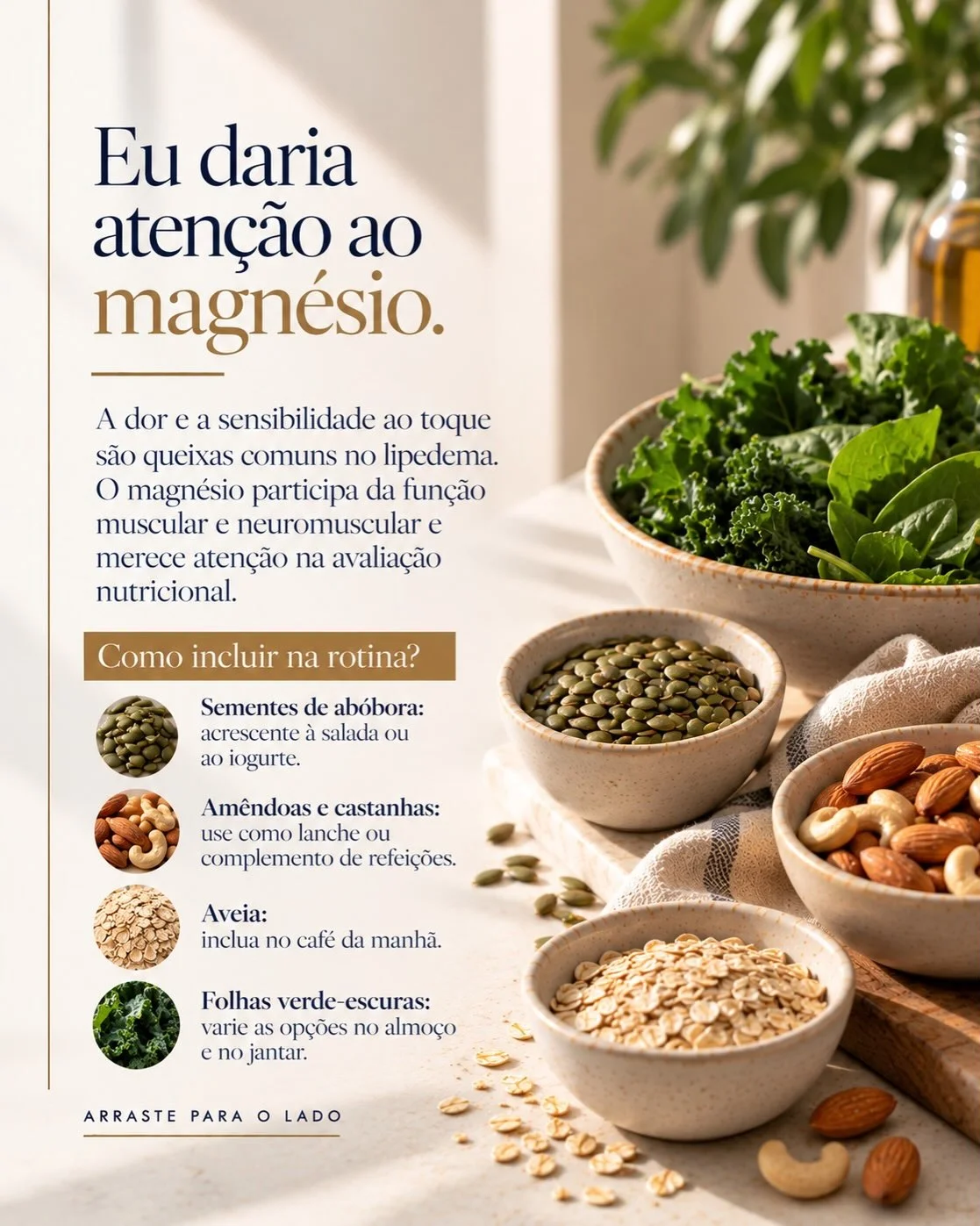 Fontes de magnésio para lipedema: sementes de abóbora, amêndoas, aveia e folhas verde-escuras