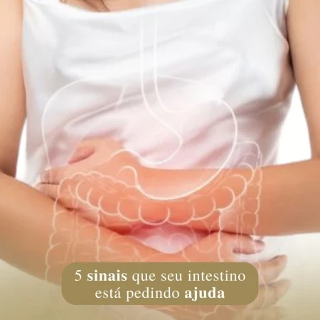 sinais do intestino : Pessoa com dor abdominal e ilustração do sistema digestivo, alertando sobre saúde intestinal.